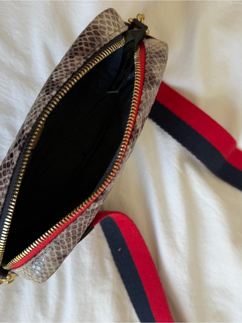 Clare V Python Print Crossbody with Red & Navy Stripe Strap - Picture 3 of 3